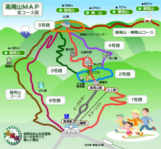 A map of all the different trails Takao-san offers. I took the most popular one (light red) but other trails offer views of a suspension bridge, a waterfall, and a panoramic ridge.