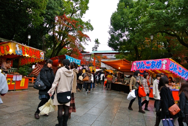 Street food stalls near a temple in Kyoto