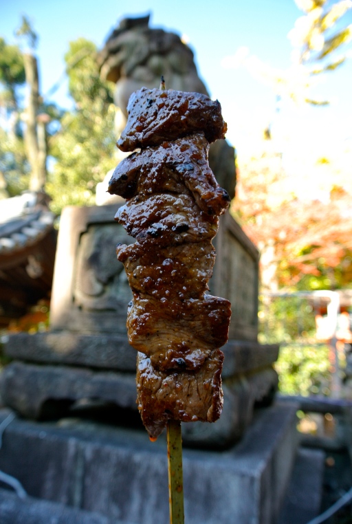 Nom nom nom. This is beef, from a yakitori stall in Kyoto.